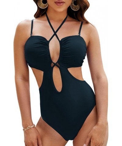 Women's Sexy One Piece Bathing Suit Cutout Swimsuits Cheeky High Cut Criss Cross Halter Monokini Blackr017 $8.54 Swimsuits