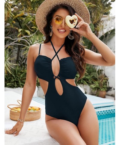 Women's Sexy One Piece Bathing Suit Cutout Swimsuits Cheeky High Cut Criss Cross Halter Monokini Blackr017 $8.54 Swimsuits