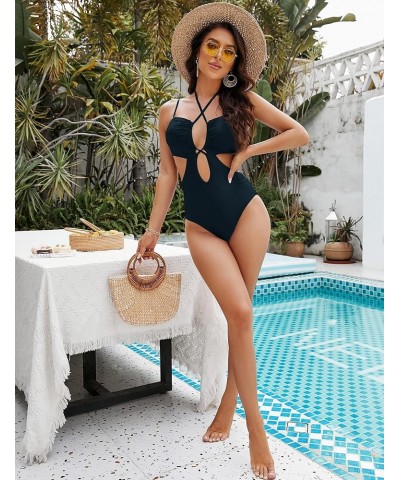 Women's Sexy One Piece Bathing Suit Cutout Swimsuits Cheeky High Cut Criss Cross Halter Monokini Blackr017 $8.54 Swimsuits