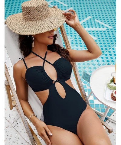 Women's Sexy One Piece Bathing Suit Cutout Swimsuits Cheeky High Cut Criss Cross Halter Monokini Blackr017 $8.54 Swimsuits