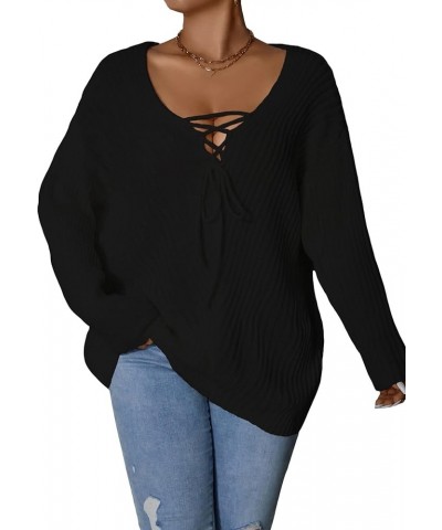 Women's Plus Size Sweater V Neck Tie Front Long Sleeve Pullover Tops Plain Black $18.00 Sweaters