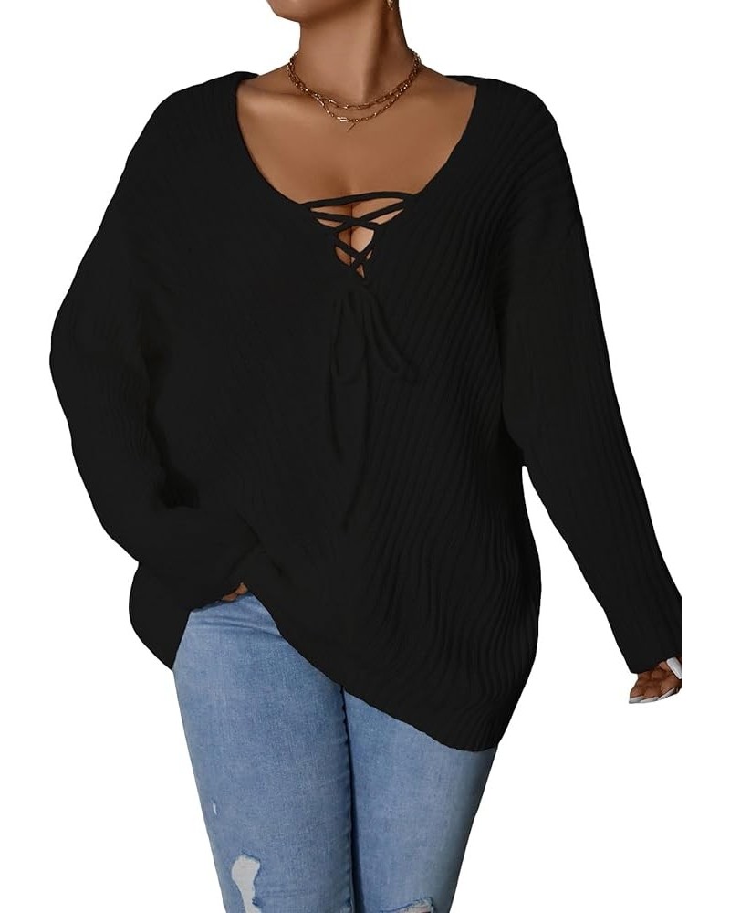 Women's Plus Size Sweater V Neck Tie Front Long Sleeve Pullover Tops Plain Black $18.00 Sweaters