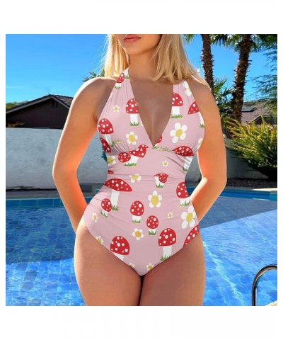 Womens Tummy Control Bathing Suit Sexy One Piece Swimsuits Slimming Halter Ruched Swimwear Musrhooms $17.97 Swimsuits