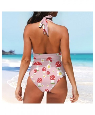 Womens Tummy Control Bathing Suit Sexy One Piece Swimsuits Slimming Halter Ruched Swimwear Musrhooms $17.97 Swimsuits