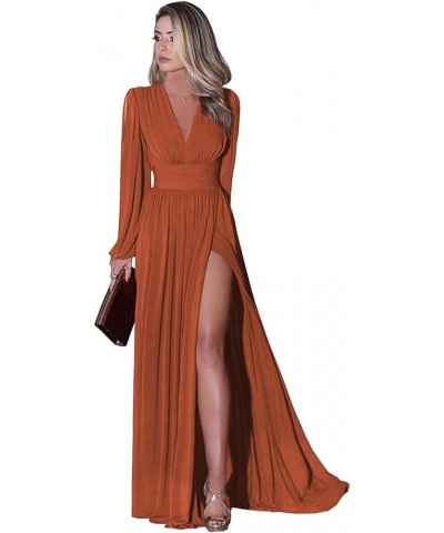 Long Sleeve Bridesmaid Dresses with Slit for Women V Neck Chiffon Formal Evening Gown Burnt Orange $41.40 Dresses