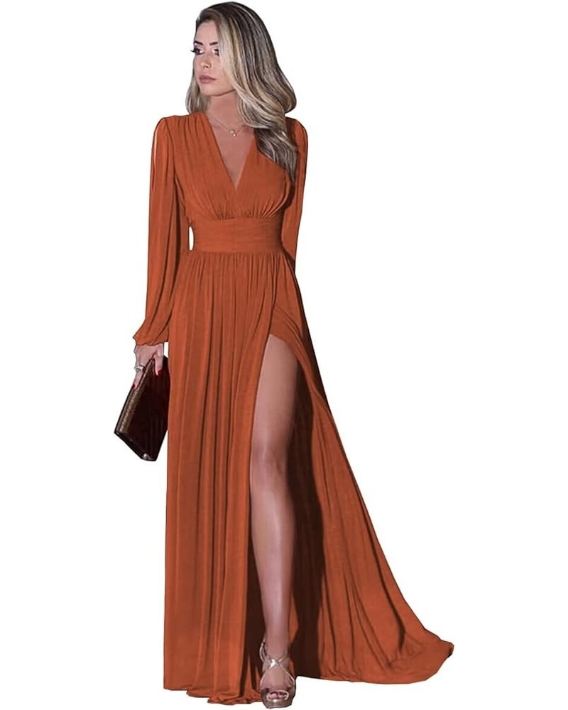 Long Sleeve Bridesmaid Dresses with Slit for Women V Neck Chiffon Formal Evening Gown Burnt Orange $41.40 Dresses