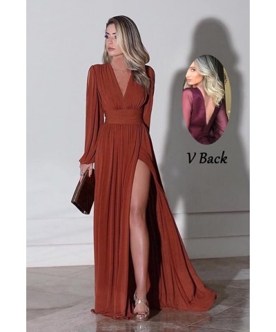 Long Sleeve Bridesmaid Dresses with Slit for Women V Neck Chiffon Formal Evening Gown Burnt Orange $41.40 Dresses