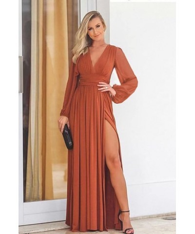 Long Sleeve Bridesmaid Dresses with Slit for Women V Neck Chiffon Formal Evening Gown Burnt Orange $41.40 Dresses