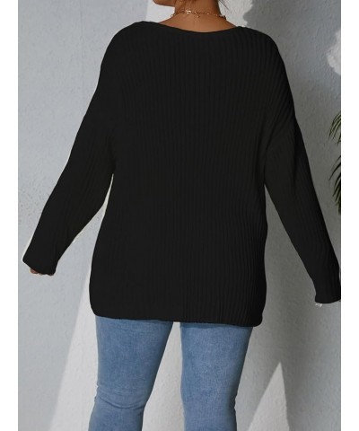 Women's Plus Size Sweater V Neck Tie Front Long Sleeve Pullover Tops Plain Black $18.00 Sweaters