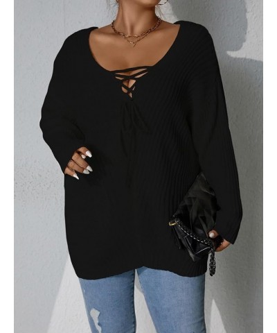 Women's Plus Size Sweater V Neck Tie Front Long Sleeve Pullover Tops Plain Black $18.00 Sweaters