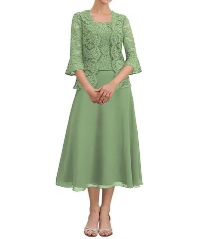 Tea Length Mother of The Bride Dresses with Jacket Lace Chiffon Formal Dress for Wedding Guest Sage Green $32.17 Dresses