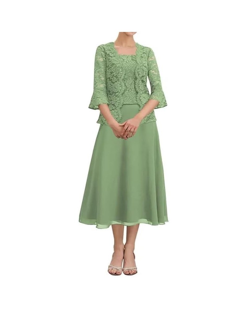 Tea Length Mother of The Bride Dresses with Jacket Lace Chiffon Formal Dress for Wedding Guest Sage Green $32.17 Dresses