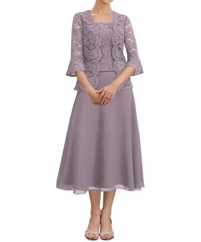 Tea Length Mother of The Bride Dresses with Jacket Lace Chiffon Formal Dress for Wedding Guest Sage Green $32.17 Dresses