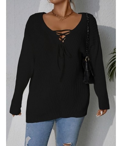 Women's Plus Size Sweater V Neck Tie Front Long Sleeve Pullover Tops Plain Black $18.00 Sweaters