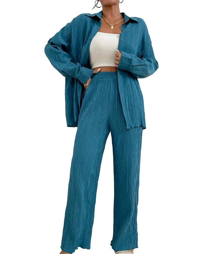 Women's 2 Piece Outfits Slit Hem Longline Blouse and Wide Leg Pants Set Blue Solid $29.69 Jumpsuits