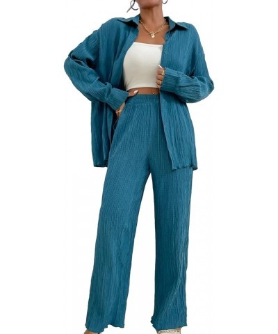 Women's 2 Piece Outfits Slit Hem Longline Blouse and Wide Leg Pants Set Blue Solid $29.69 Jumpsuits