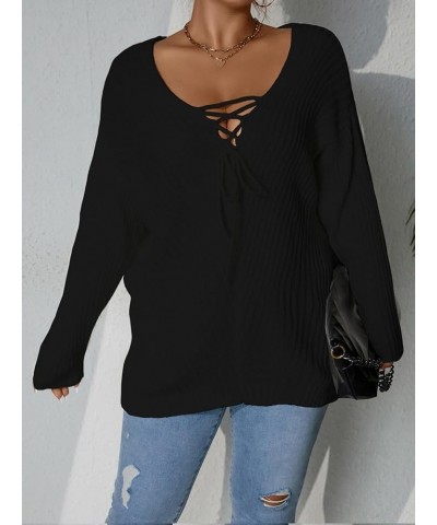 Women's Plus Size Sweater V Neck Tie Front Long Sleeve Pullover Tops Plain Black $18.00 Sweaters