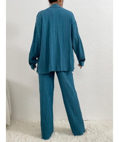 Women's 2 Piece Outfits Slit Hem Longline Blouse and Wide Leg Pants Set Blue Solid $29.69 Jumpsuits