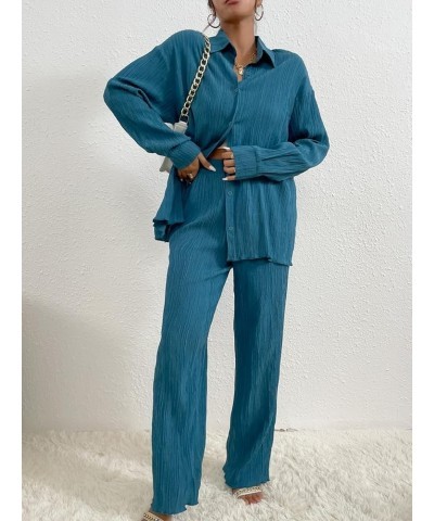 Women's 2 Piece Outfits Slit Hem Longline Blouse and Wide Leg Pants Set Blue Solid $29.69 Jumpsuits