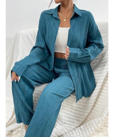 Women's 2 Piece Outfits Slit Hem Longline Blouse and Wide Leg Pants Set Blue Solid $29.69 Jumpsuits