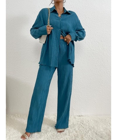 Women's 2 Piece Outfits Slit Hem Longline Blouse and Wide Leg Pants Set Blue Solid $29.69 Jumpsuits