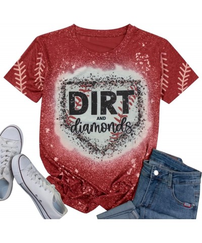 Baseball Mom Shirts for Women Softball Game Day T-Shirt Dirt and Diamonds Shirt Bleached Tee Funny Letter Print Tops Red $12....