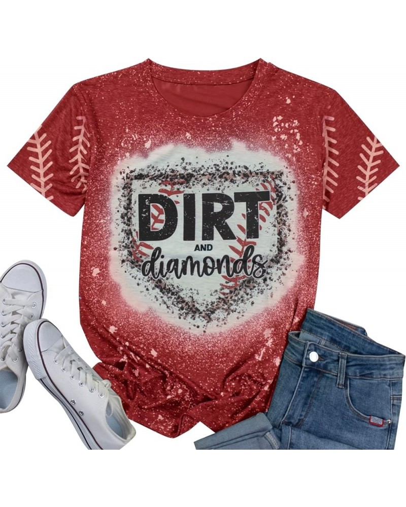 Baseball Mom Shirts for Women Softball Game Day T-Shirt Dirt and Diamonds Shirt Bleached Tee Funny Letter Print Tops Red $12....