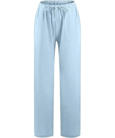 Summer Pants for Women 2023 Cotton Linen Elastic Waist Drawstring Wide Leg Ankle Length Lounge Pant with Pockets 013 Sky Blue...