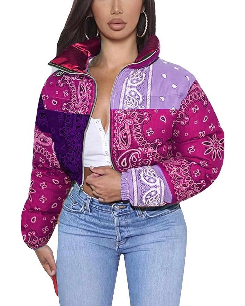 Women's Bandana Print Y2K Cropped Puffer Jacket Padded Zip Up Bubble Coat Purple $19.11 Jackets