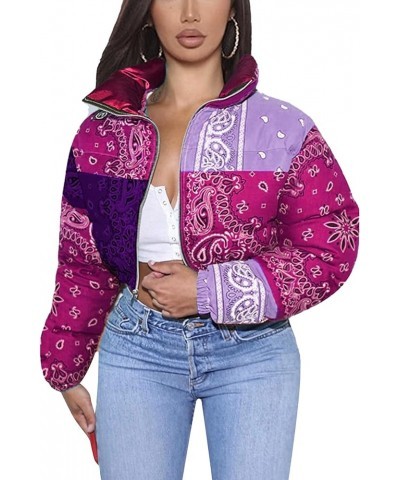 Women's Bandana Print Y2K Cropped Puffer Jacket Padded Zip Up Bubble Coat Purple $19.11 Jackets