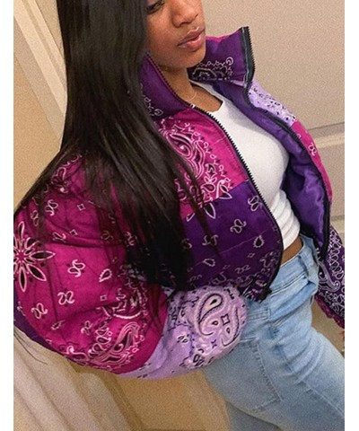 Women's Bandana Print Y2K Cropped Puffer Jacket Padded Zip Up Bubble Coat Purple $19.11 Jackets