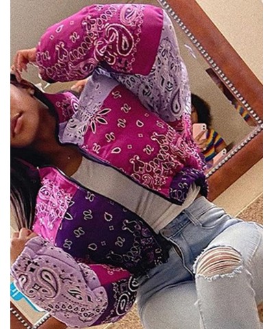 Women's Bandana Print Y2K Cropped Puffer Jacket Padded Zip Up Bubble Coat Purple $19.11 Jackets