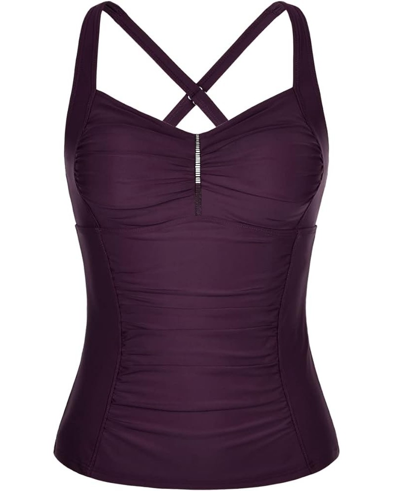 Women's Tankini Tops Shirred Tummy Control Swimsuits Cross Back Tankini Swimwear Tops Dark Purple $15.12 Swimsuits