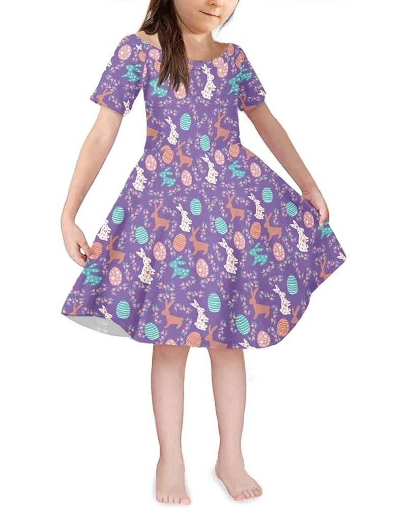 Girls Short Sleeve Dress Summer Twirly Skater Casual Dress for 3-14Years Colorful Easter Rabbit Eggs $10.00 Dresses