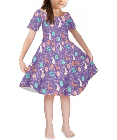 Girls Short Sleeve Dress Summer Twirly Skater Casual Dress for 3-14Years Colorful Easter Rabbit Eggs $10.00 Dresses