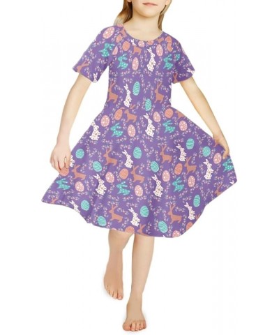 Girls Short Sleeve Dress Summer Twirly Skater Casual Dress for 3-14Years Colorful Easter Rabbit Eggs $10.00 Dresses