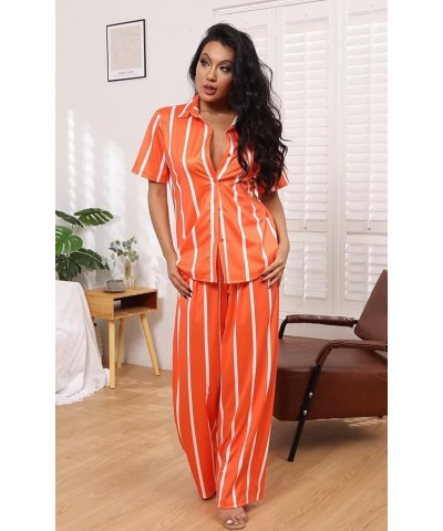 Women’s Casual Two Piece Outfits Striped Long Sleeve Collar Button Down Shirt Blouse High Waist Wide Leg Pants Sets A943-oran...