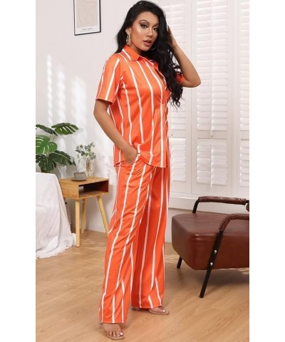 Women’s Casual Two Piece Outfits Striped Long Sleeve Collar Button Down Shirt Blouse High Waist Wide Leg Pants Sets A943-oran...