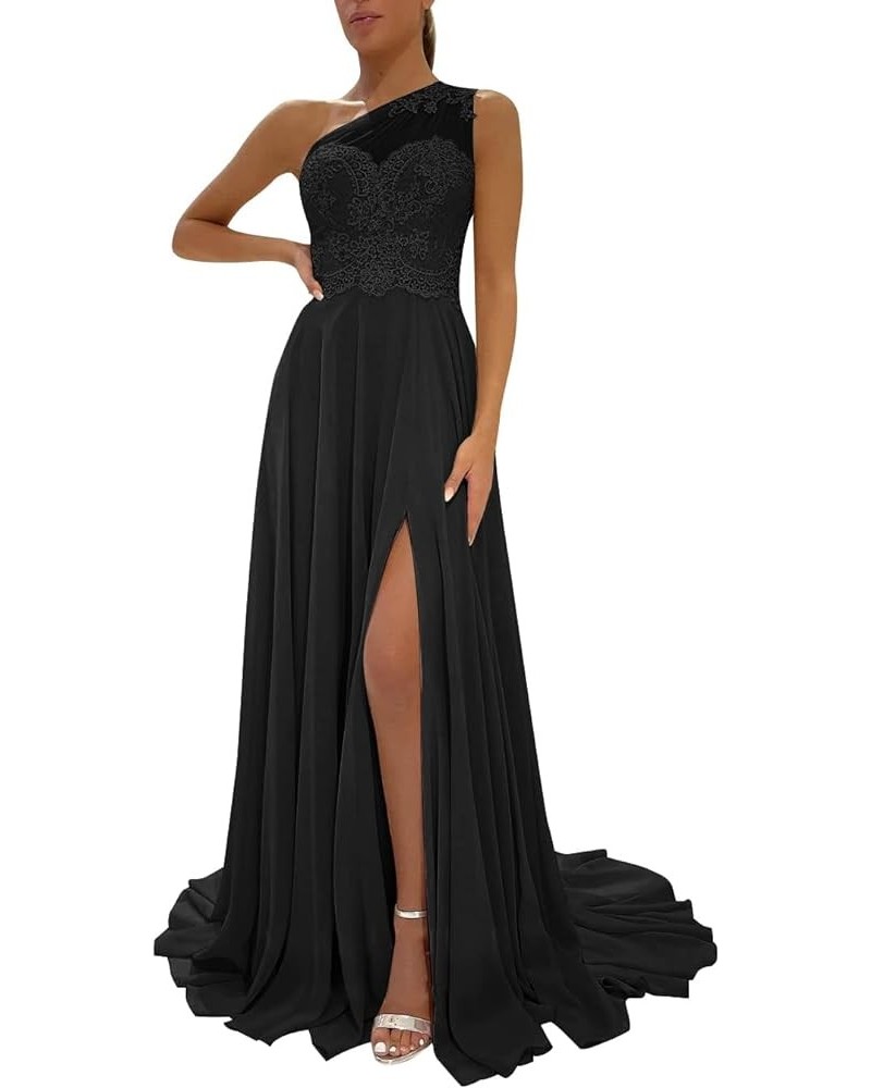 One Shoulder Chiffon Bridesmaid Dresses for Wedding 2024 Lace Slit Prom Dress with Pocket Evening Formal Gown Black $34.40 Dr...