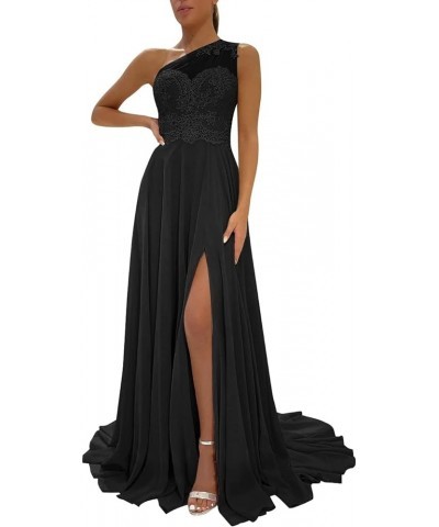 One Shoulder Chiffon Bridesmaid Dresses for Wedding 2024 Lace Slit Prom Dress with Pocket Evening Formal Gown Black $34.40 Dr...