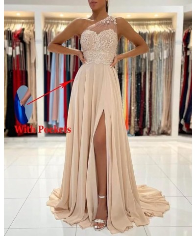 One Shoulder Chiffon Bridesmaid Dresses for Wedding 2024 Lace Slit Prom Dress with Pocket Evening Formal Gown Black $34.40 Dr...