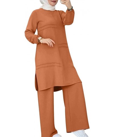 Muslim Casual 2 Piece Set for Women Loose Top Wide Leg Pants Dubai Abaya Islamic Two Piece Outfit Prayer Clothes S-5XL Orange...