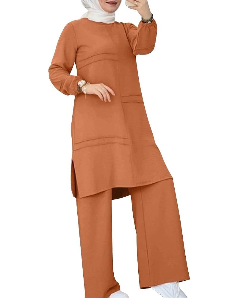 Muslim Casual 2 Piece Set for Women Loose Top Wide Leg Pants Dubai Abaya Islamic Two Piece Outfit Prayer Clothes S-5XL Orange...