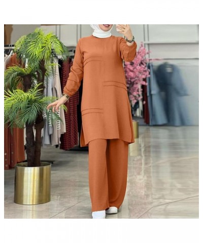 Muslim Casual 2 Piece Set for Women Loose Top Wide Leg Pants Dubai Abaya Islamic Two Piece Outfit Prayer Clothes S-5XL Orange...