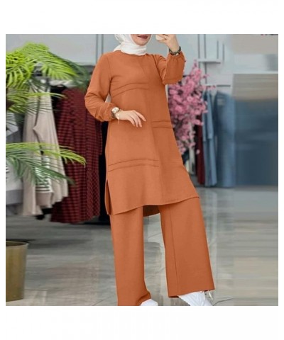 Muslim Casual 2 Piece Set for Women Loose Top Wide Leg Pants Dubai Abaya Islamic Two Piece Outfit Prayer Clothes S-5XL Orange...