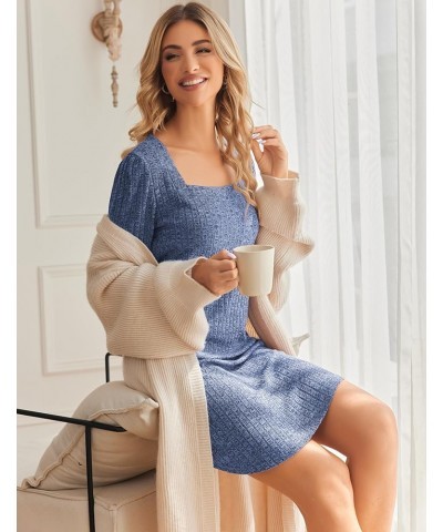 Womens Long Sleeve Nightgown Ribbed Knit Square Neck Loungewear Loose Fit Sleepwear Night dress Sky Blue $11.59 Sleep & Lounge