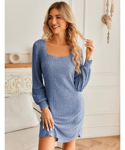 Womens Long Sleeve Nightgown Ribbed Knit Square Neck Loungewear Loose Fit Sleepwear Night dress Sky Blue $11.59 Sleep & Lounge