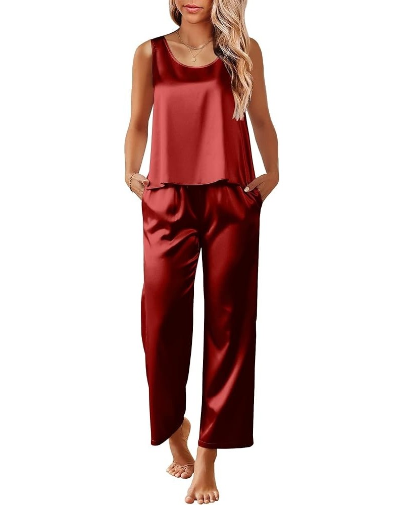 Womens Satin Pajamas Set Back Split Top and Long Pant Silk Pj Set Tank Sleepwear S-XXL Wine Red $10.03 Sleep & Lounge