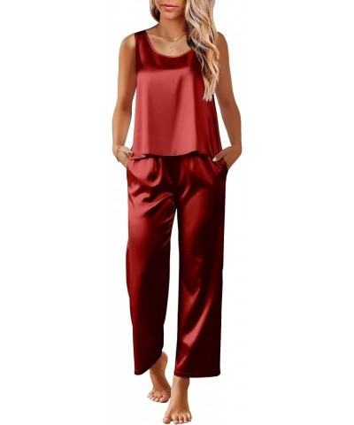 Womens Satin Pajamas Set Back Split Top and Long Pant Silk Pj Set Tank Sleepwear S-XXL Wine Red $10.03 Sleep & Lounge