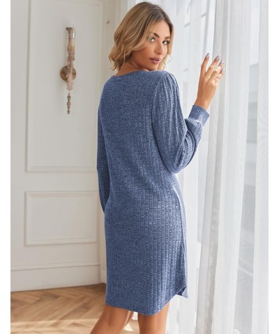 Womens Long Sleeve Nightgown Ribbed Knit Square Neck Loungewear Loose Fit Sleepwear Night dress Sky Blue $11.59 Sleep & Lounge